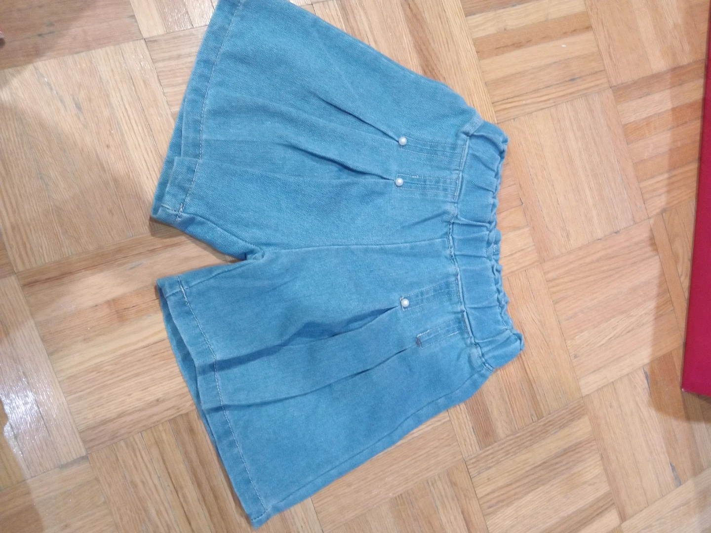 Blue Denim Shorts with Pearl Details