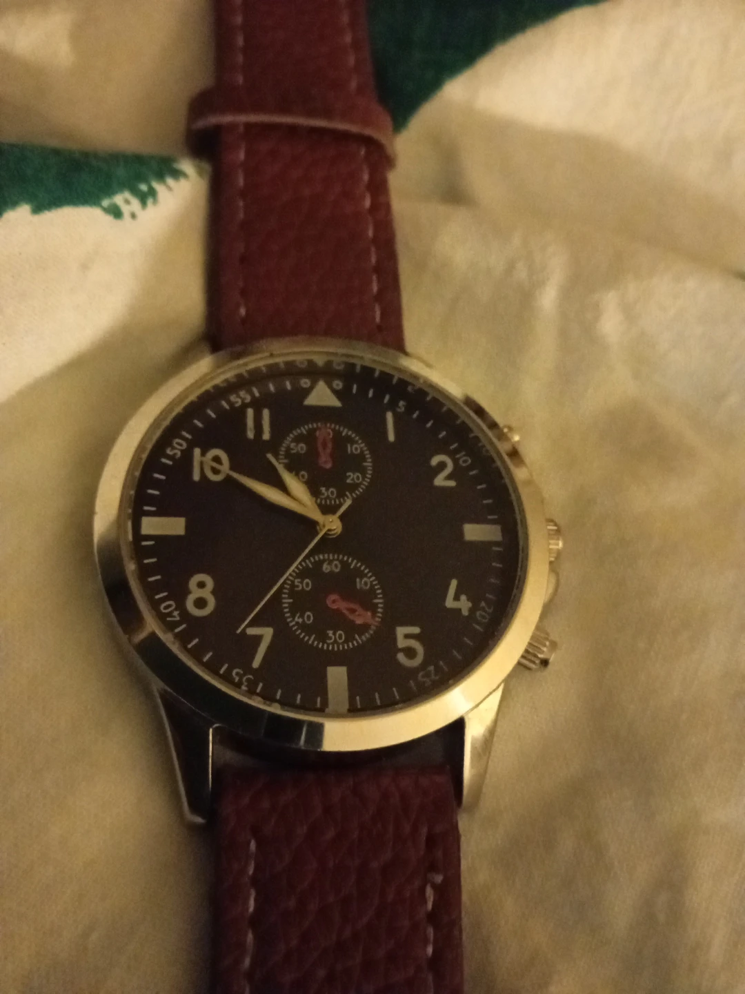 Men's Dark Face Watch with Burgundy Leather Band
