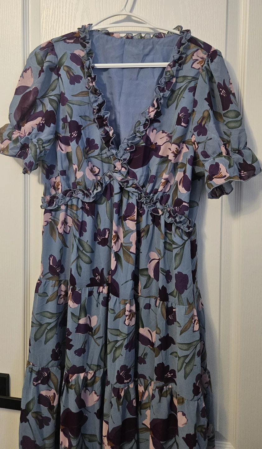 Blue Floral Tiered Midi Dress with Ruffle Trim - photo 2