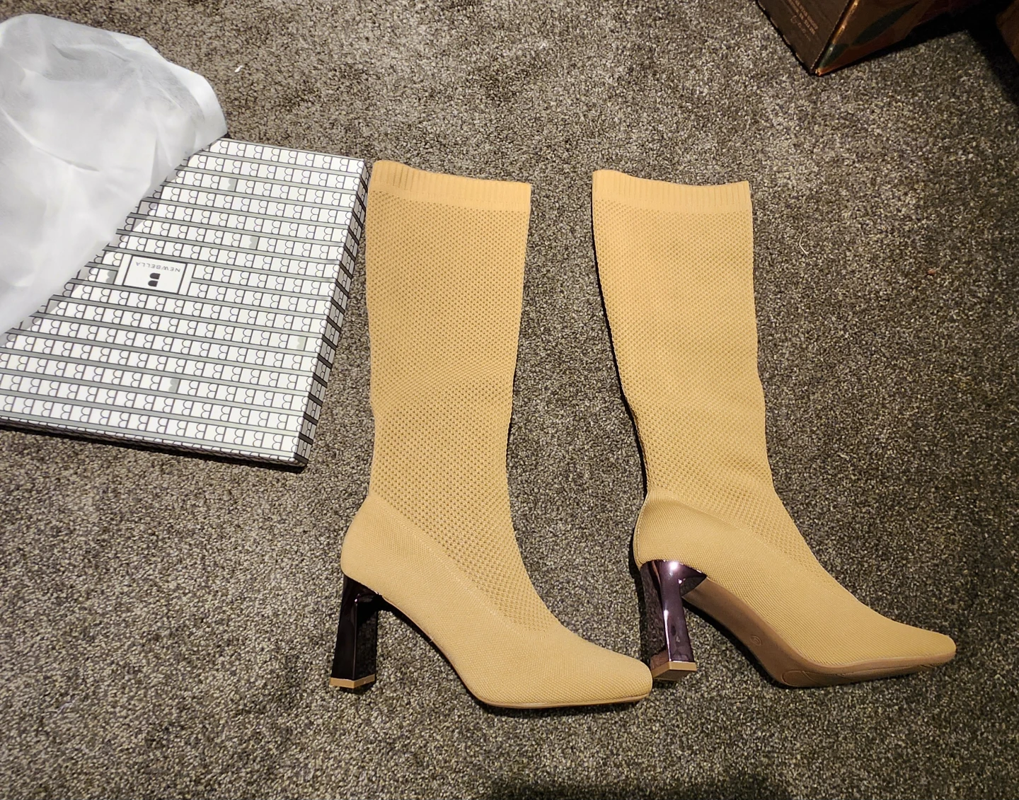 Tan Knit Knee-High Boots with Block Heels - photo 4