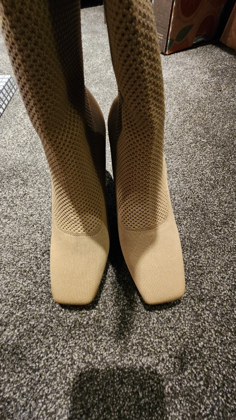 Tan Knit Knee-High Boots with Block Heels - photo 5
