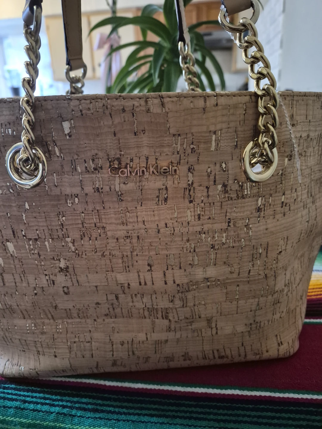 Calvin Klein Cork Tote Bag with Gold Chain Accents