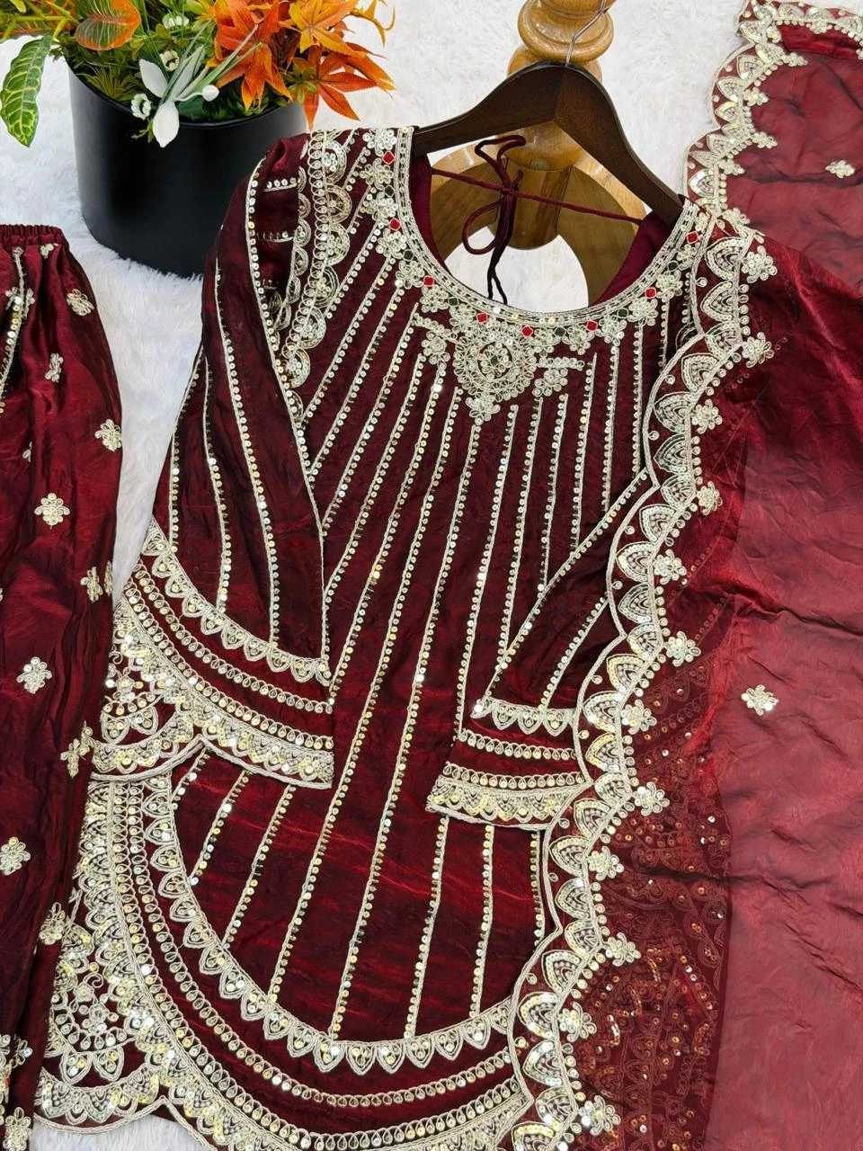Embellished Maroon Suit with Dupatta