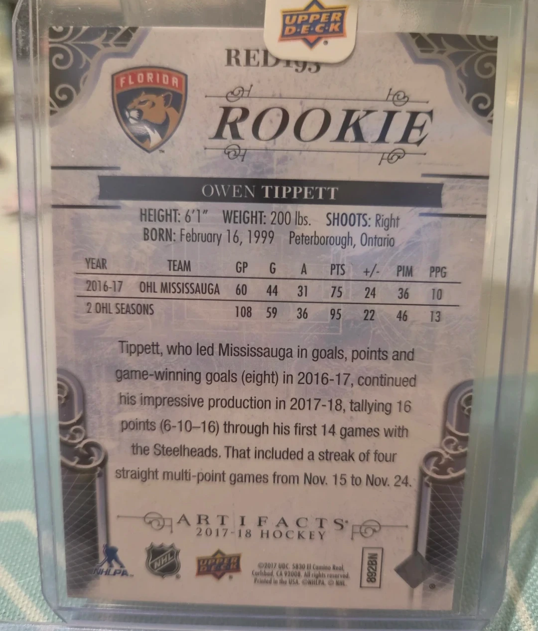Upper Deck Artifacts Owen Tippett Rookie Card 493/799 - photo 2
