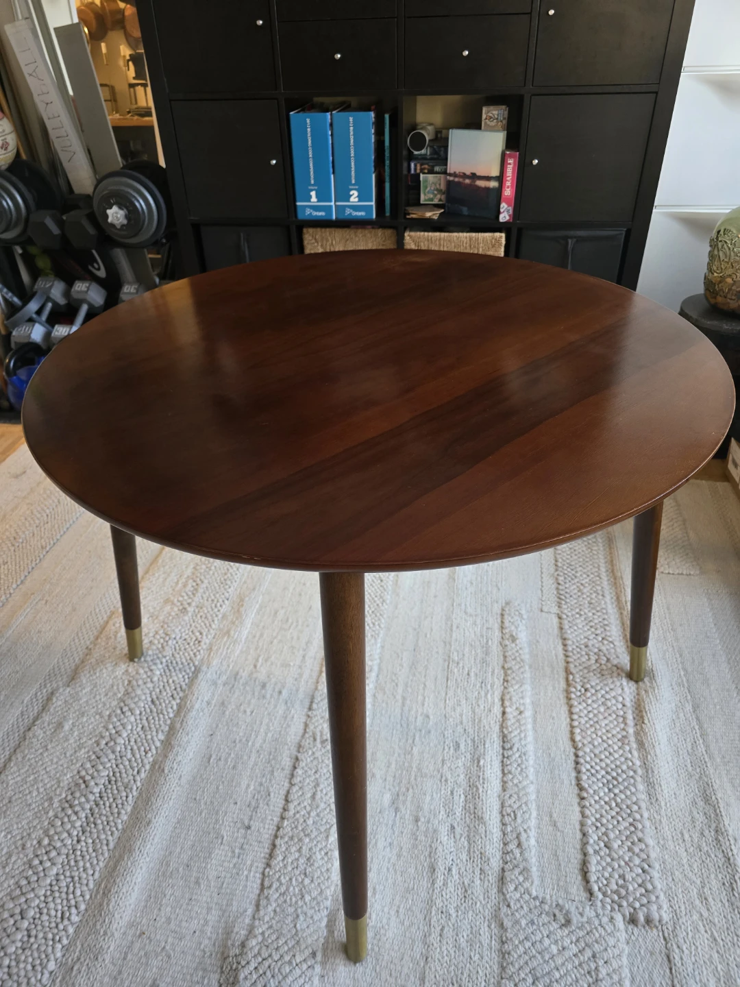 Round Wood Dining Table mid century style with Brass Accents