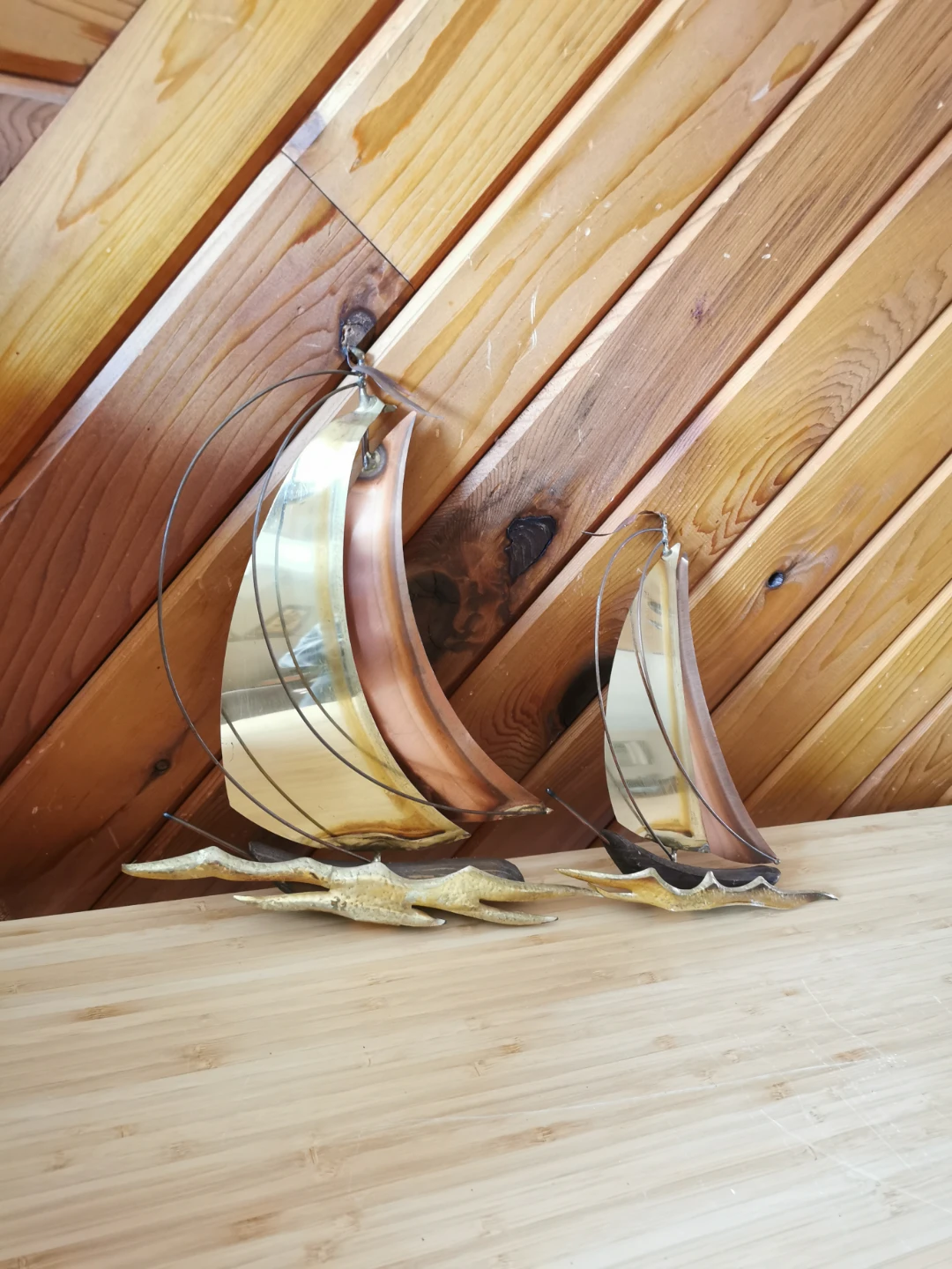 Vintage Set of 2 Brass Copper & Wood Sailboat Wall Hangings - photo 2