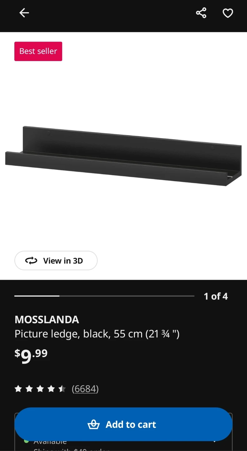 IKEA MOSSLANDA Picture Ledge Black 55cm x 2 - photo 4