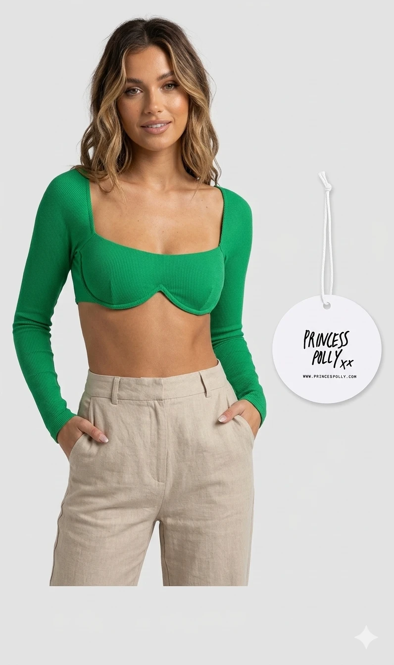 Princess Polly Green Ribbed Long Sleeve Crop Top