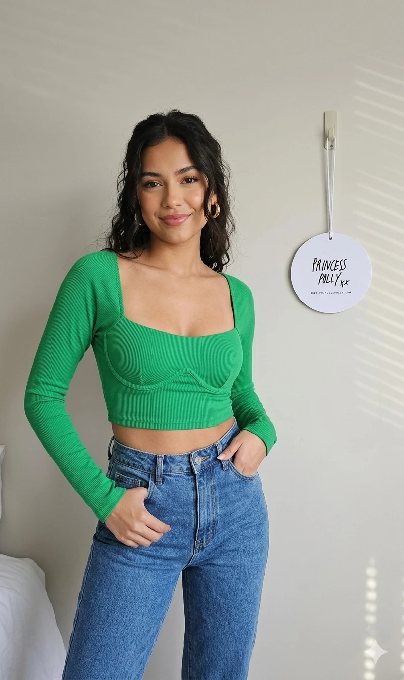 Princess Polly Green Ribbed Long Sleeve Crop Top - photo 2