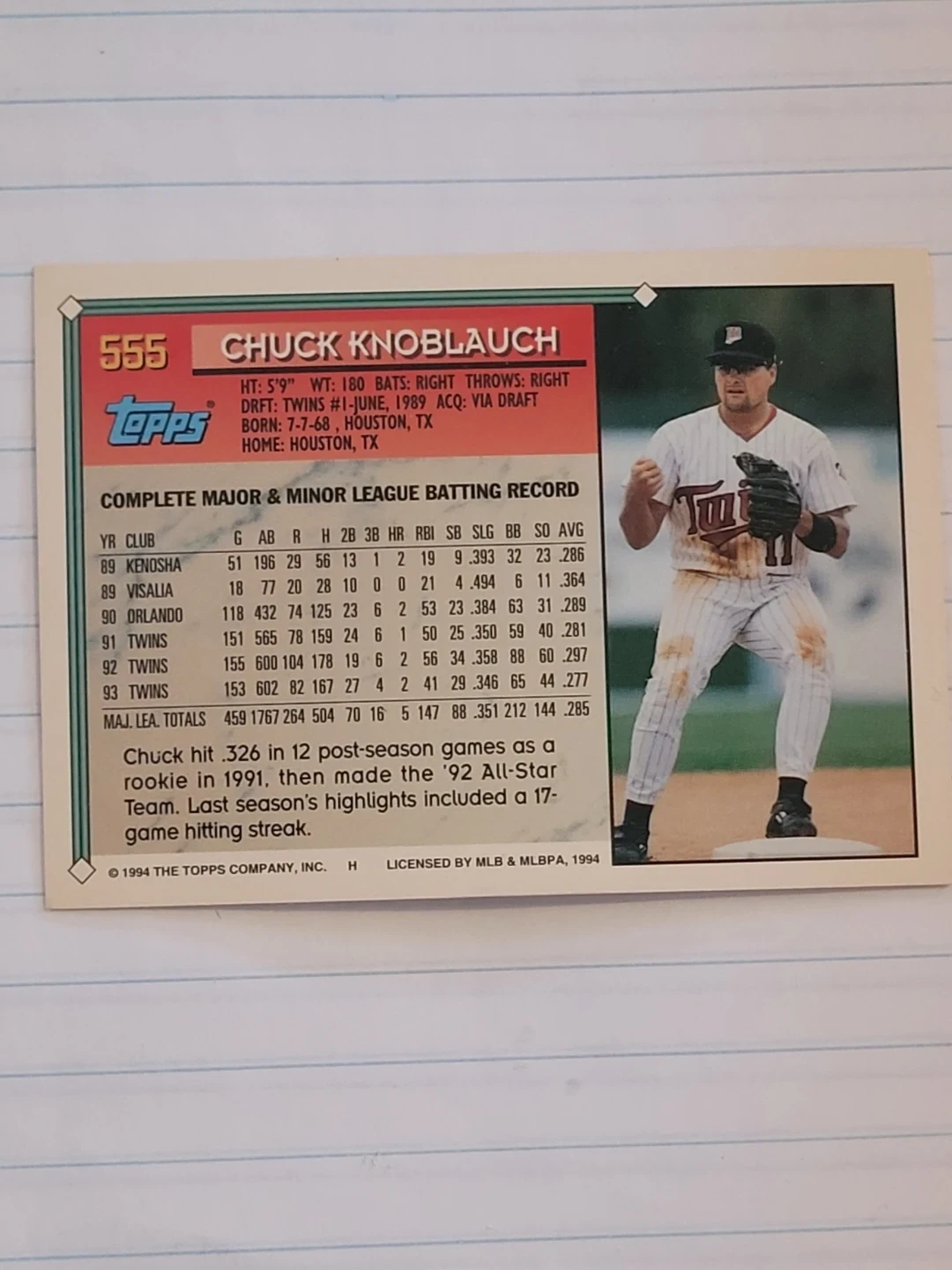 1994 Topps Chuck Knoblauch Minnesota Twins Baseball Card - photo 2