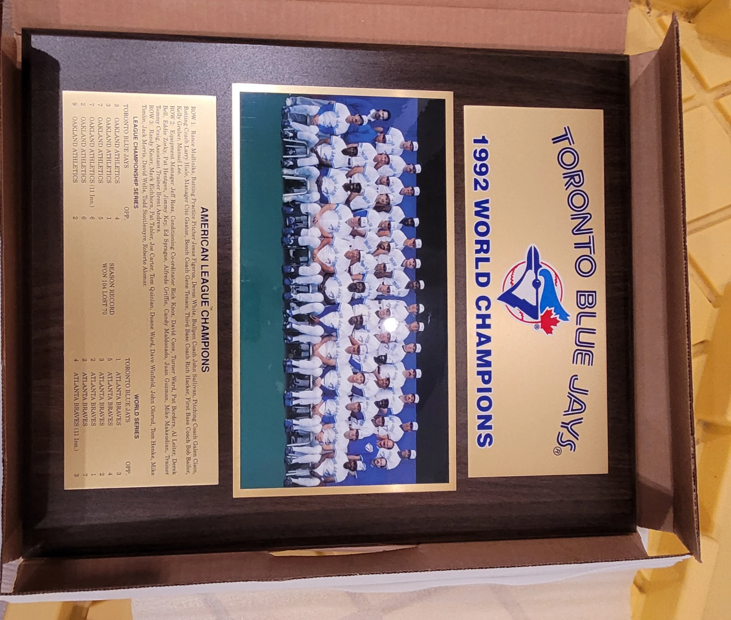 1992 Toronto Blue Jays World Series Champions Plaque