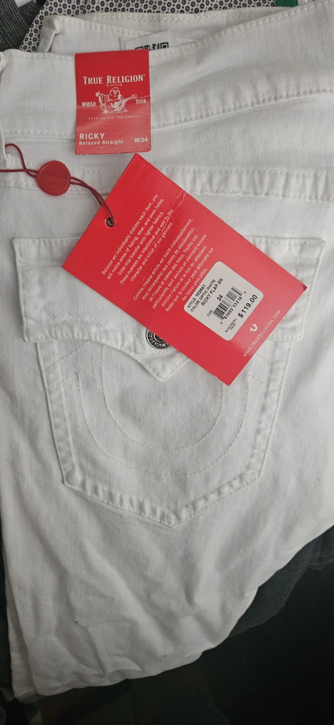 True Religion Ricky Relaxed Straight White Jeans W34