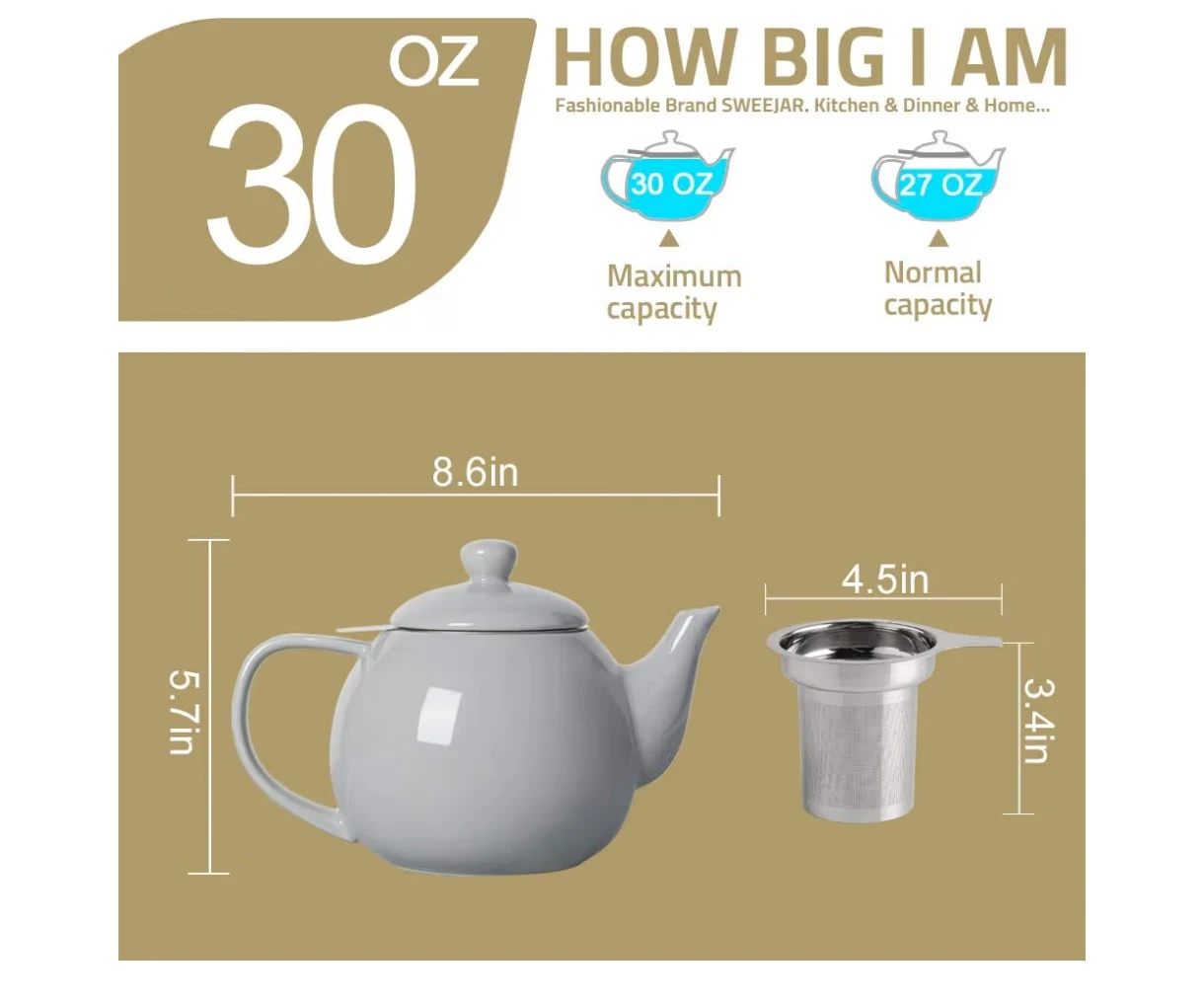 NEW - Sweejar 30 oz Porcelain Teapot with Infuser - photo 2