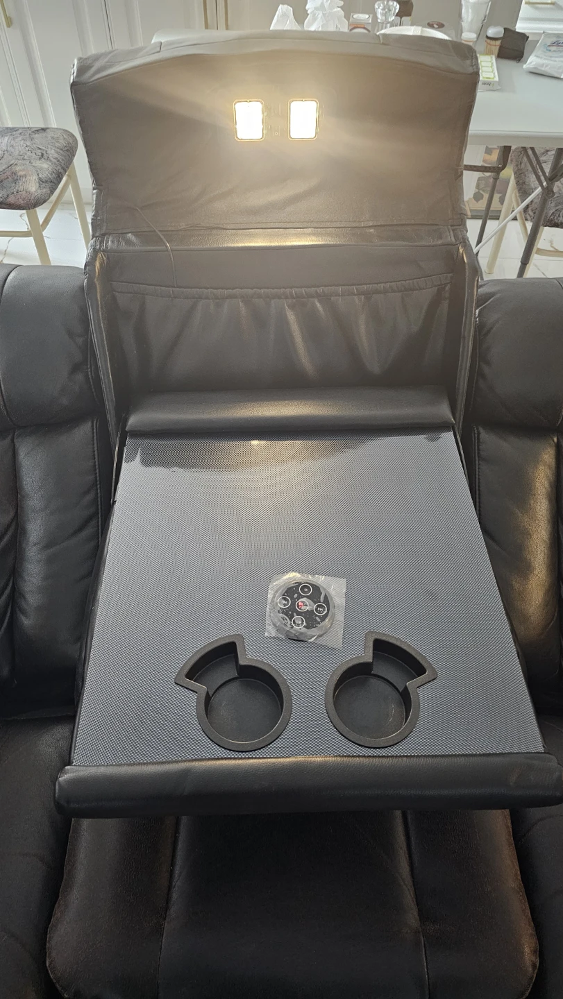 Black Leather Power Reclining Loveseat with Cup Holders and Tray
