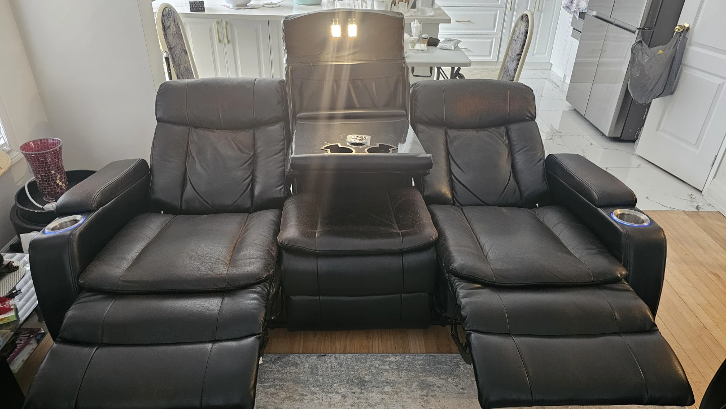 Black Leather Power Reclining Loveseat with Cup Holders and Tray - photo 5