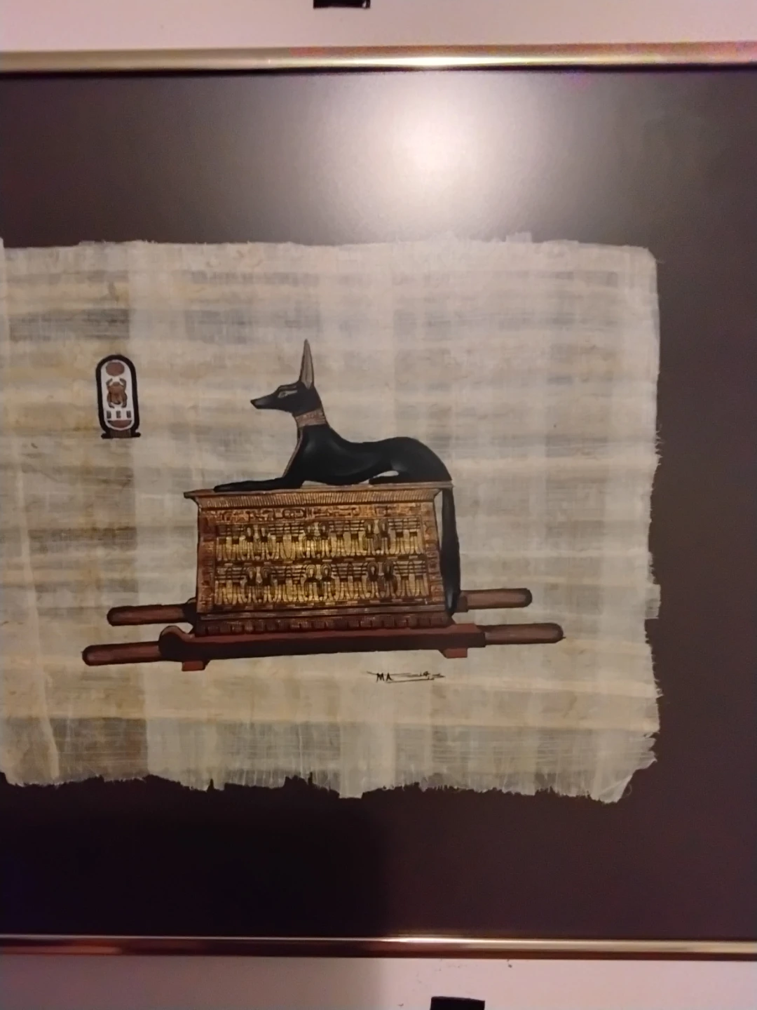 Framed Egyptian Papyrus Art with Birds and Anubis Figure - photo 4