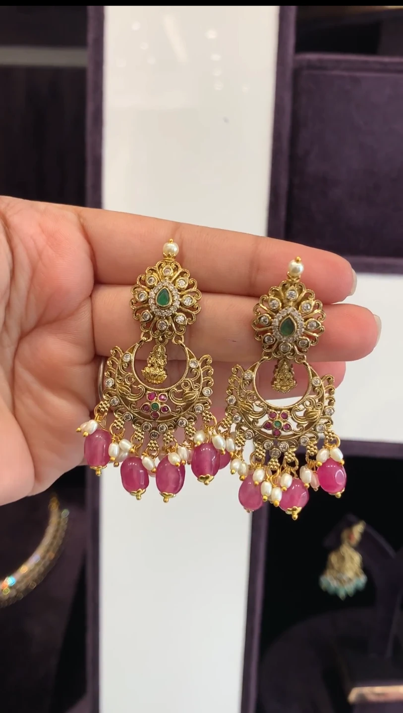 Brand new Gold Drop Earrings with Pink Beads and Pearls