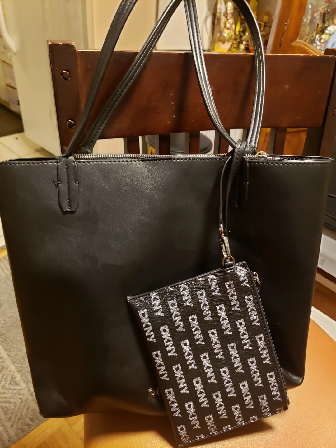 DKNY Black Leather Tote Bag with Matching Pouch