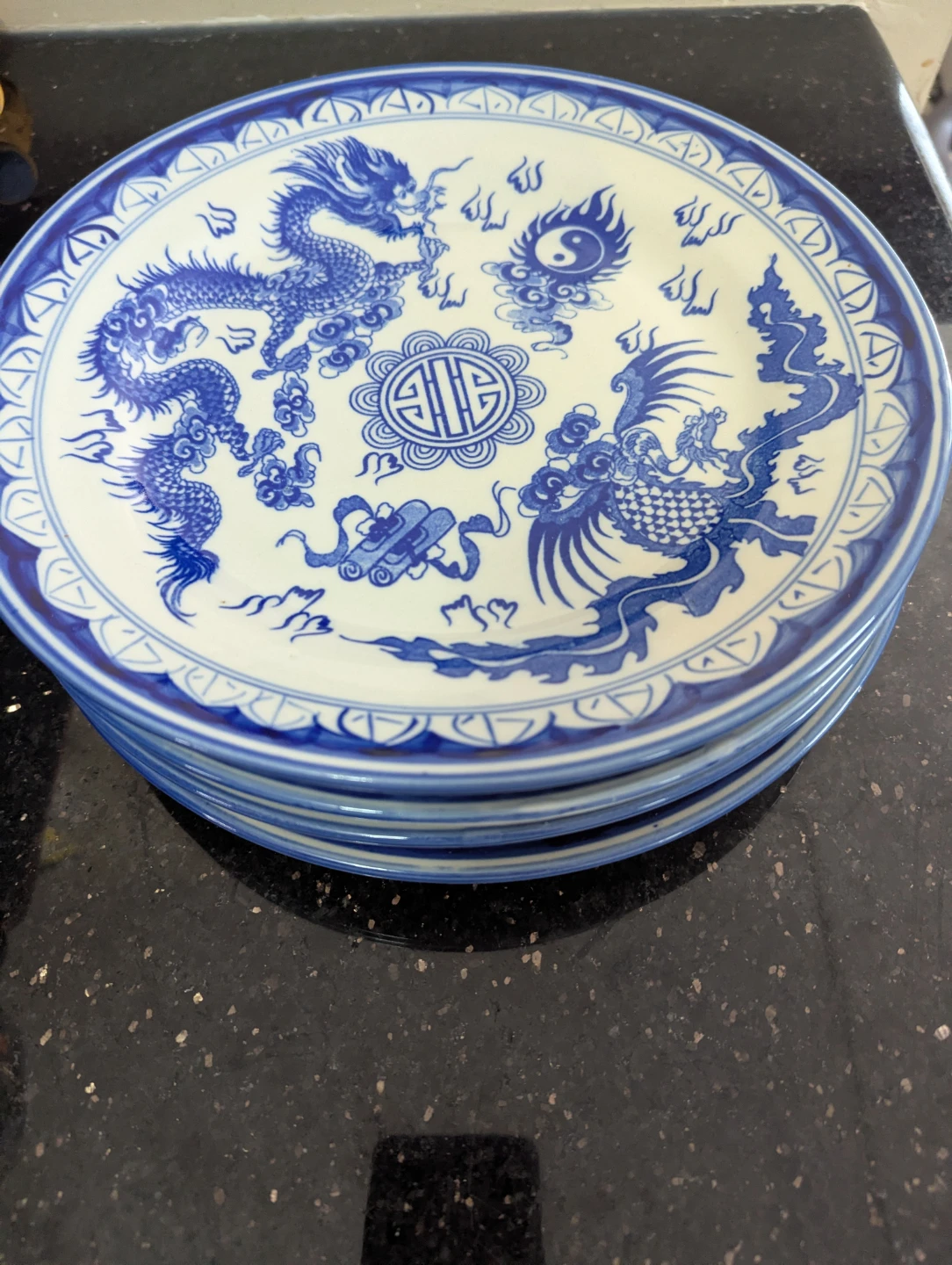 Set of 4 Blue and White Dragon Plates