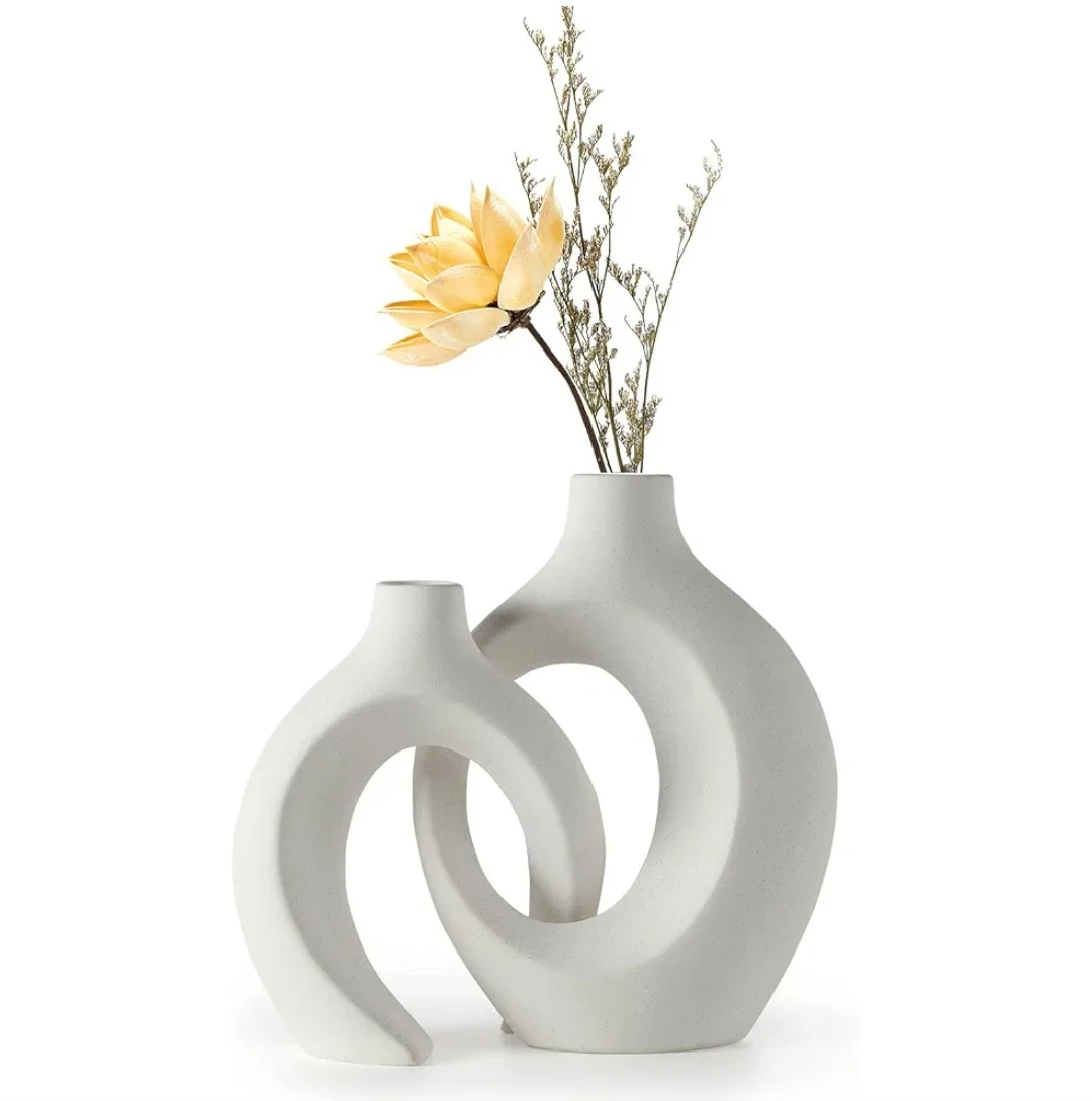 Set of 2 White Ceramic Abstract Vases