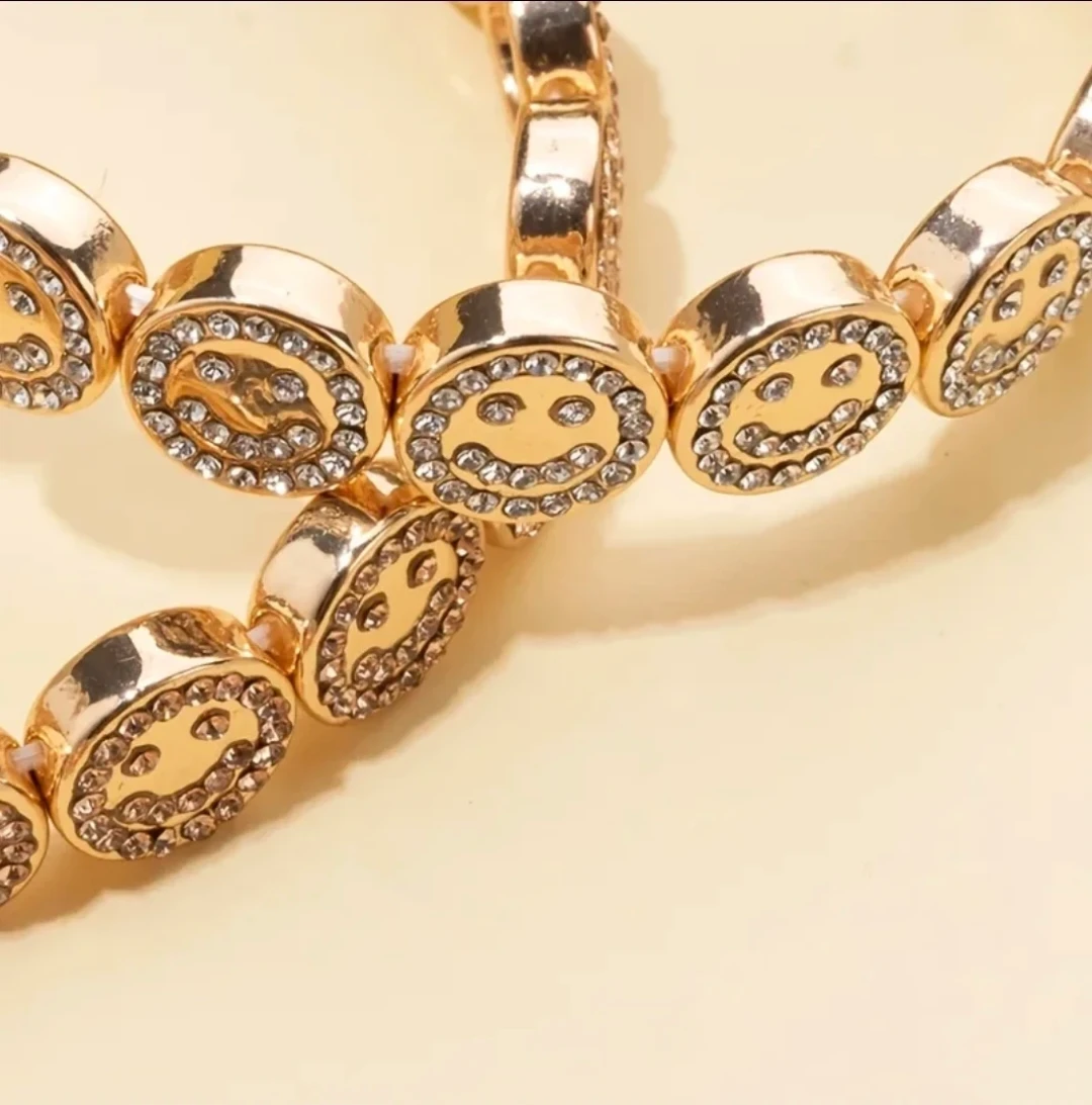 ​Happy Face Bling Stretch Bracelet - Gold Tone Cubic Zirconia - photo 2