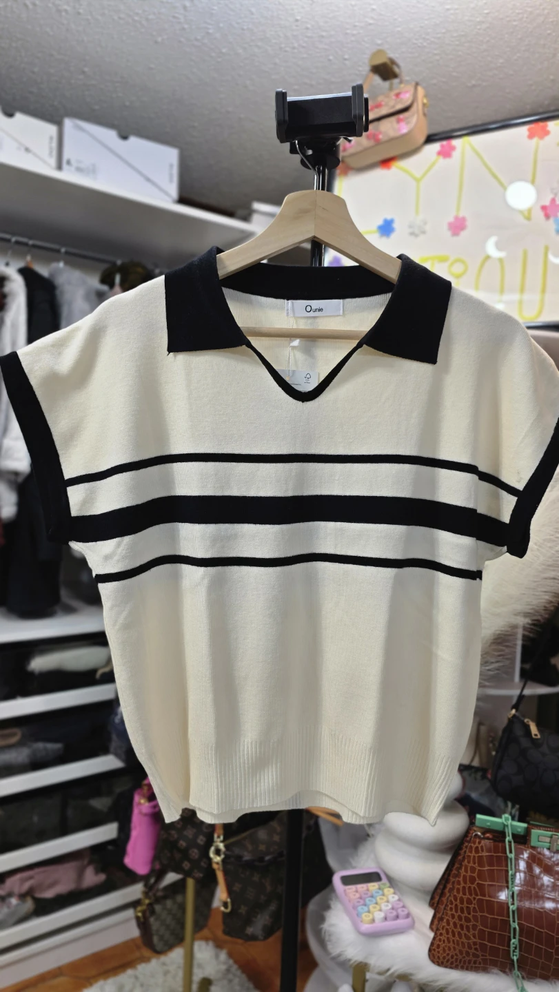 Ounie Cream & Black Striped Collared Sweater Vest
