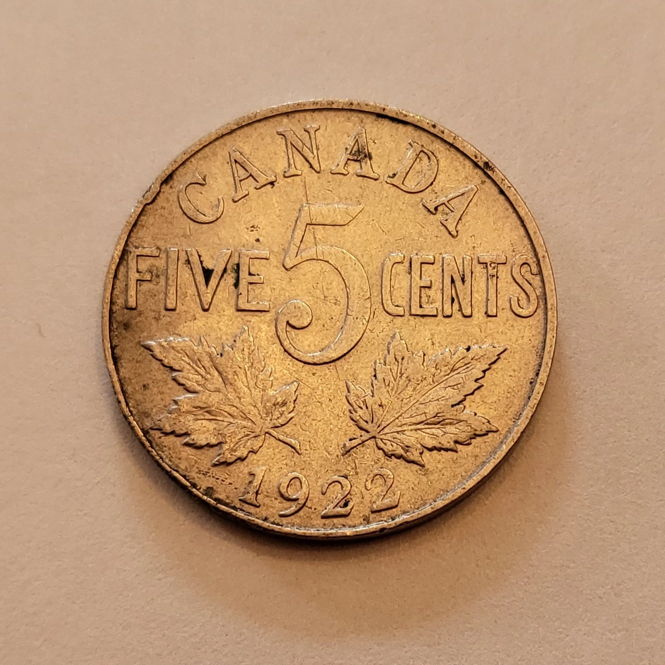 1922 Antique Canadian 5 Cent Coin