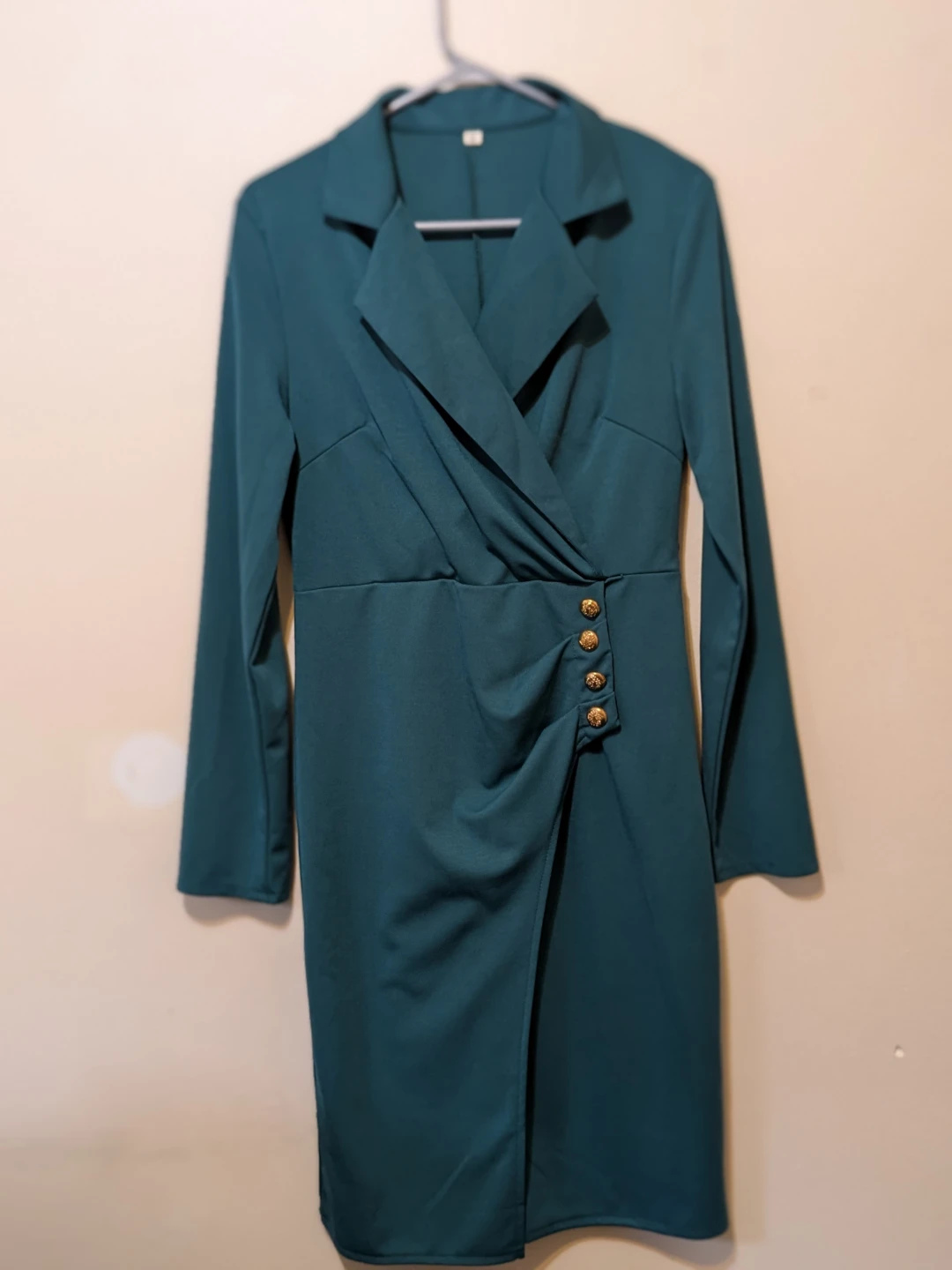 Teal Ruched Wrap style Dress with Gold Buttons