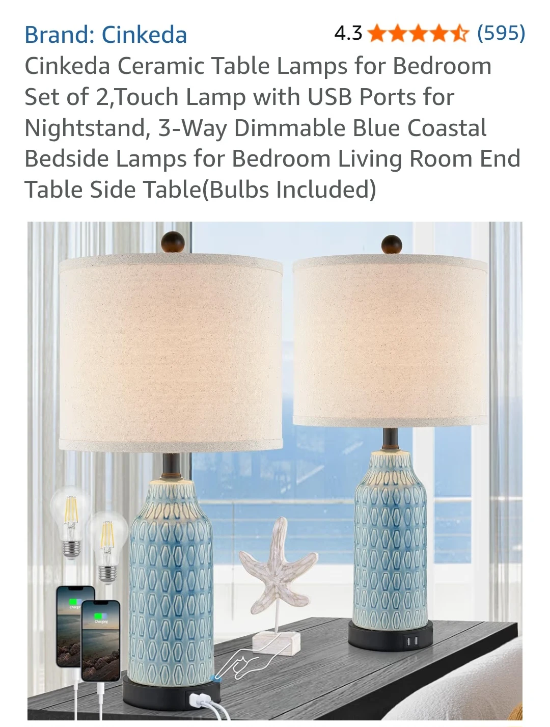 Cinkeda Ceramic Table Lamps - Set of 2, Blue