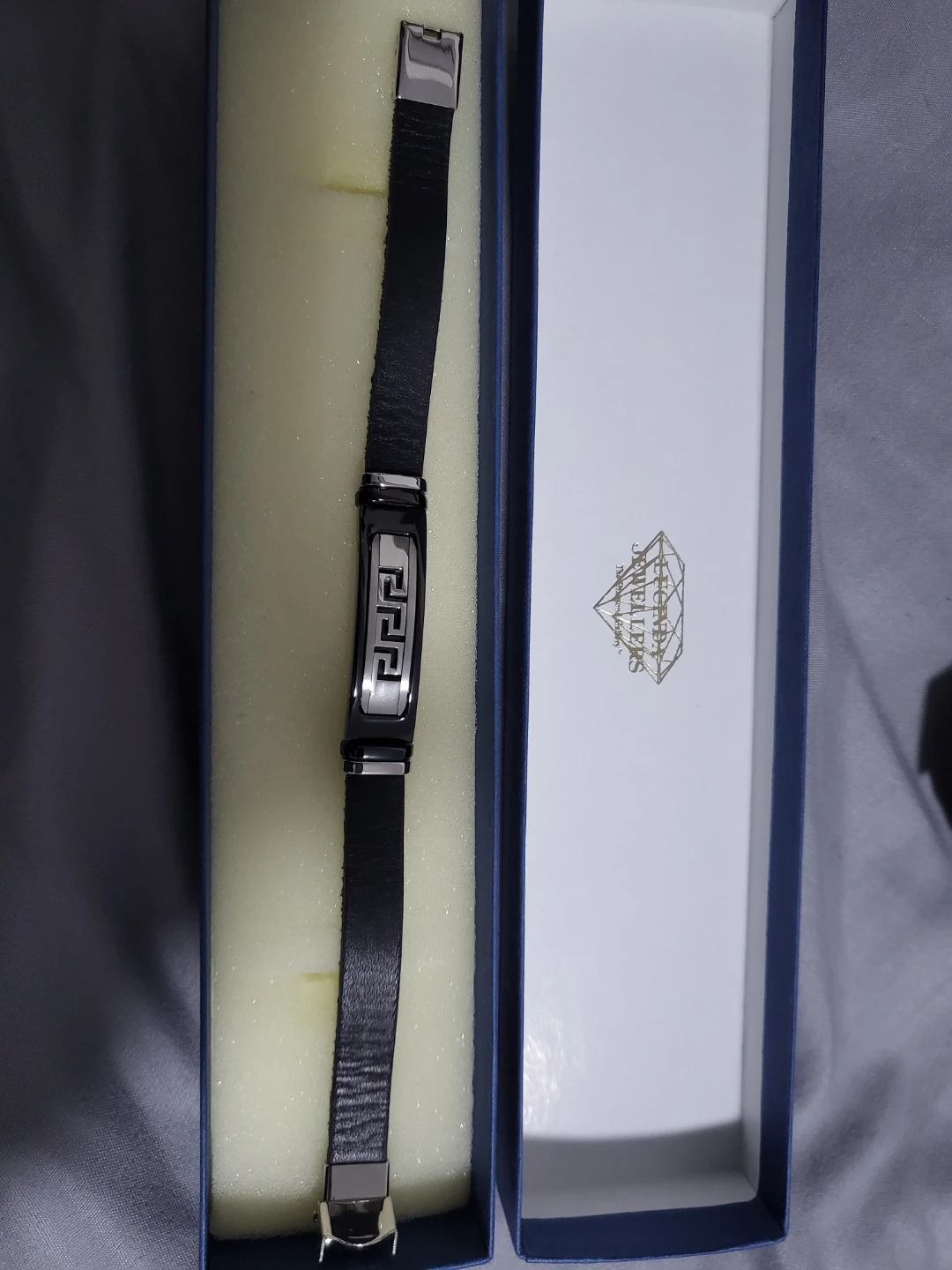 Black Leather Bracelet with Silver-Tone Greek Key Design