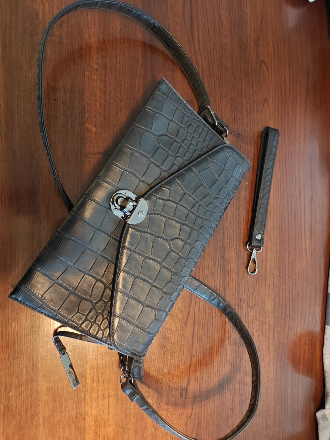 Black Faux Croc Clutch Purse with Strap