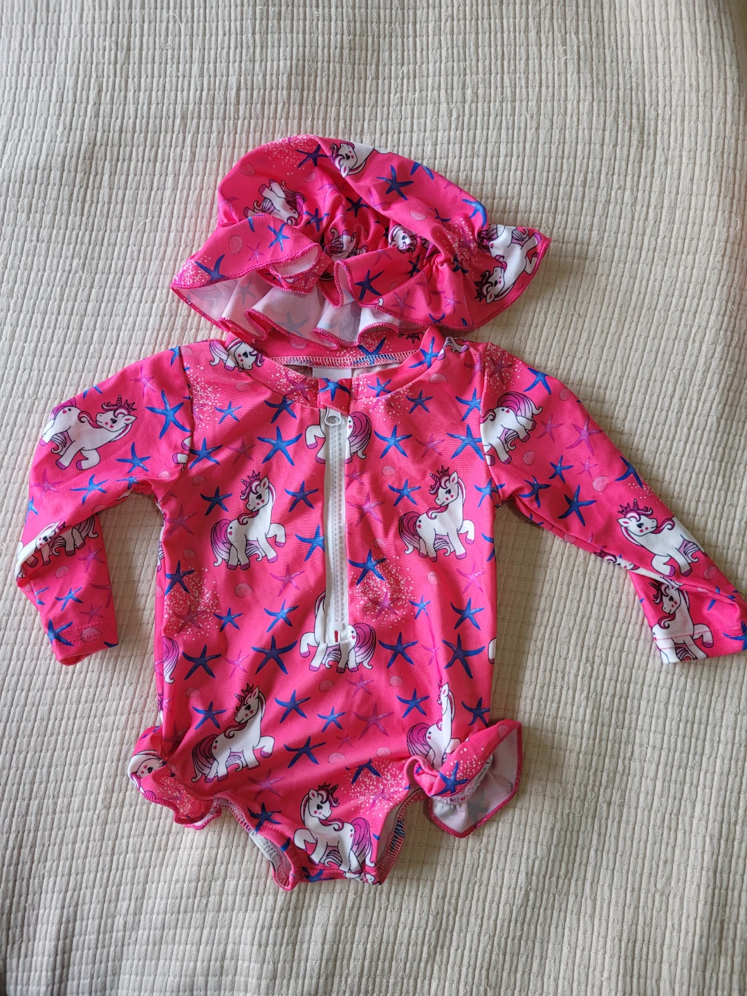 Kids Swimsuit and Hat Set - Unicorn Print - Size 6-12 Months