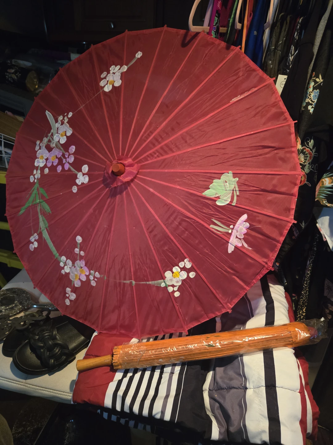 Red Paper Parasol Umbrella with Floral Design