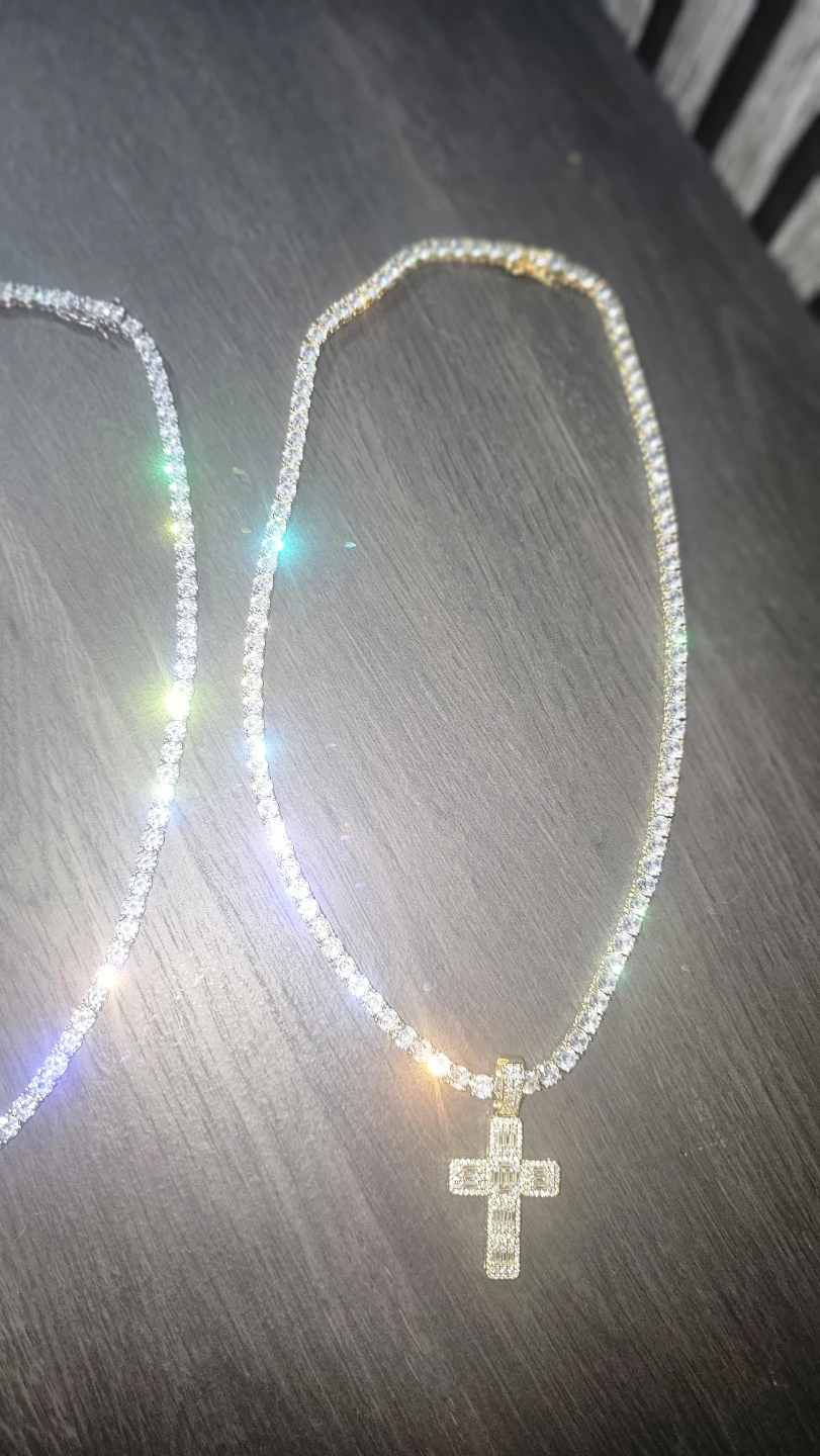 Tennis Chain Necklace with Cross Pendant