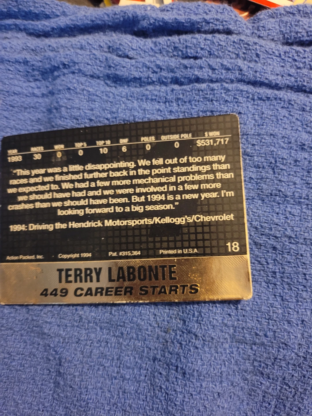 Terry Labonte Kellogg's Corn Flakes Racing Card - photo 3