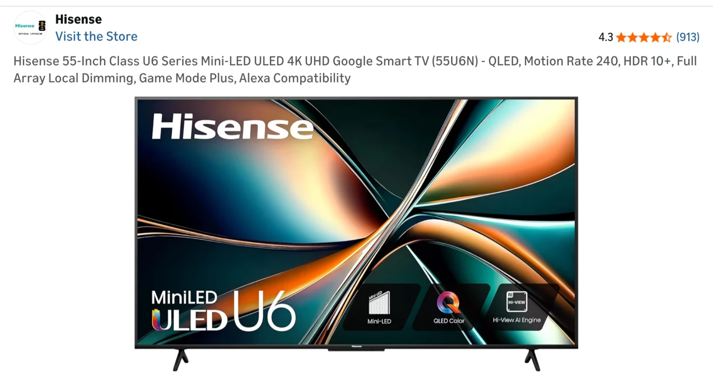 Hisense 55-Inch U6 Series ULED 4K Smart TV