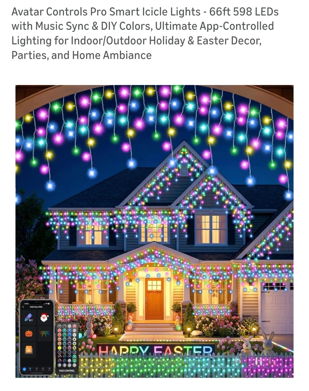 Smart Icicle Lights - 66ft 598 LEDs with Music Sync & DIY Colors