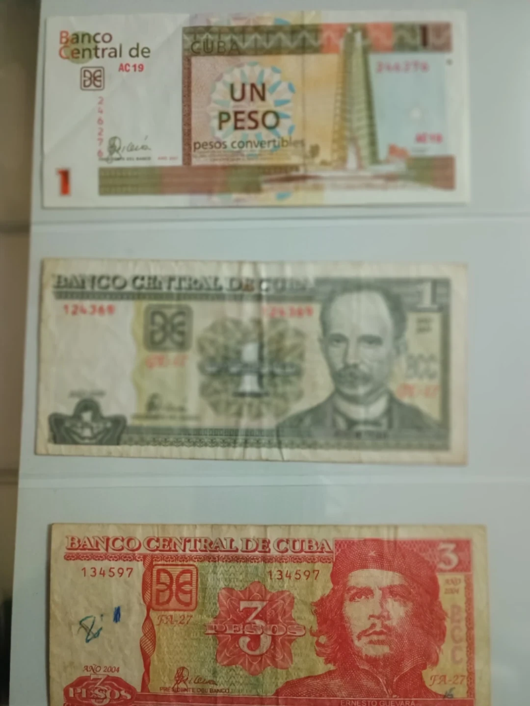 Collection of Cuban Pesos - 1, 3, and 5 Peso Banknotes - photo 2