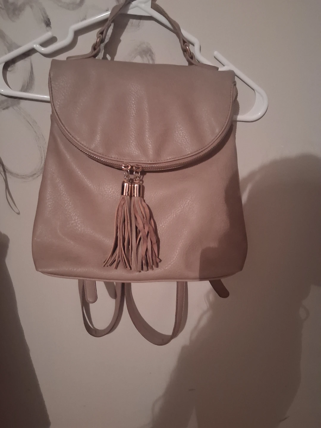 Tan Faux Leather Backpack with Tassel Accent
