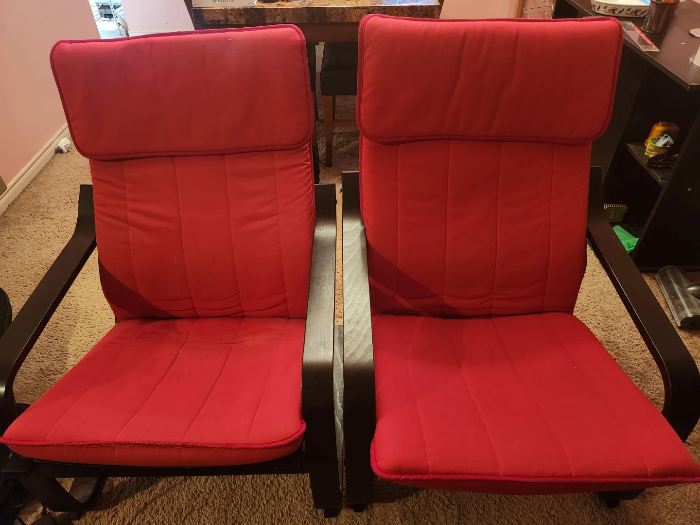 2 Red IKEA Poäng Chairs