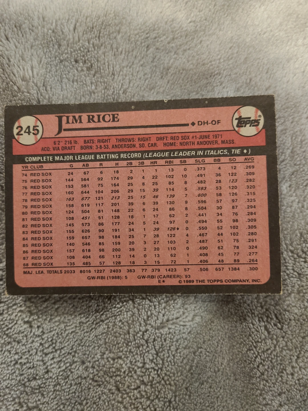 1989 Topps Jim Rice Baseball Card - photo 2
