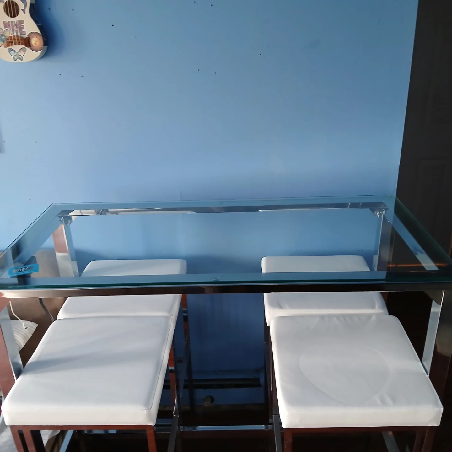 Glass Dining Table with 4 White Stools