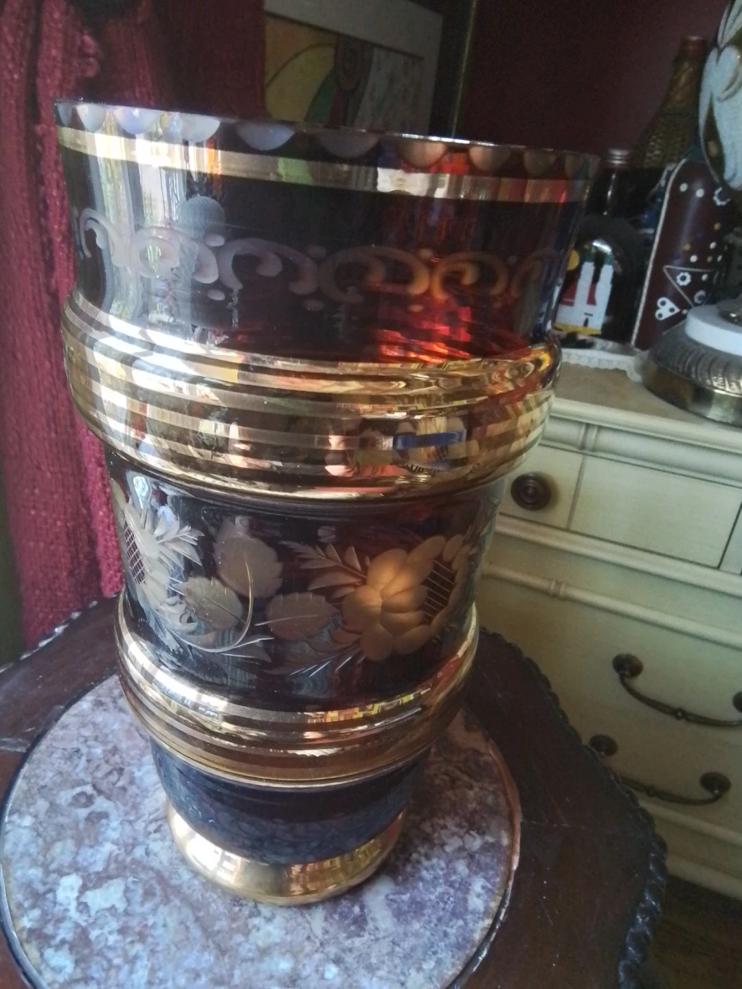 Vintage Amber Glass Vase with Gold Trim and Etching 9x5" - photo 3