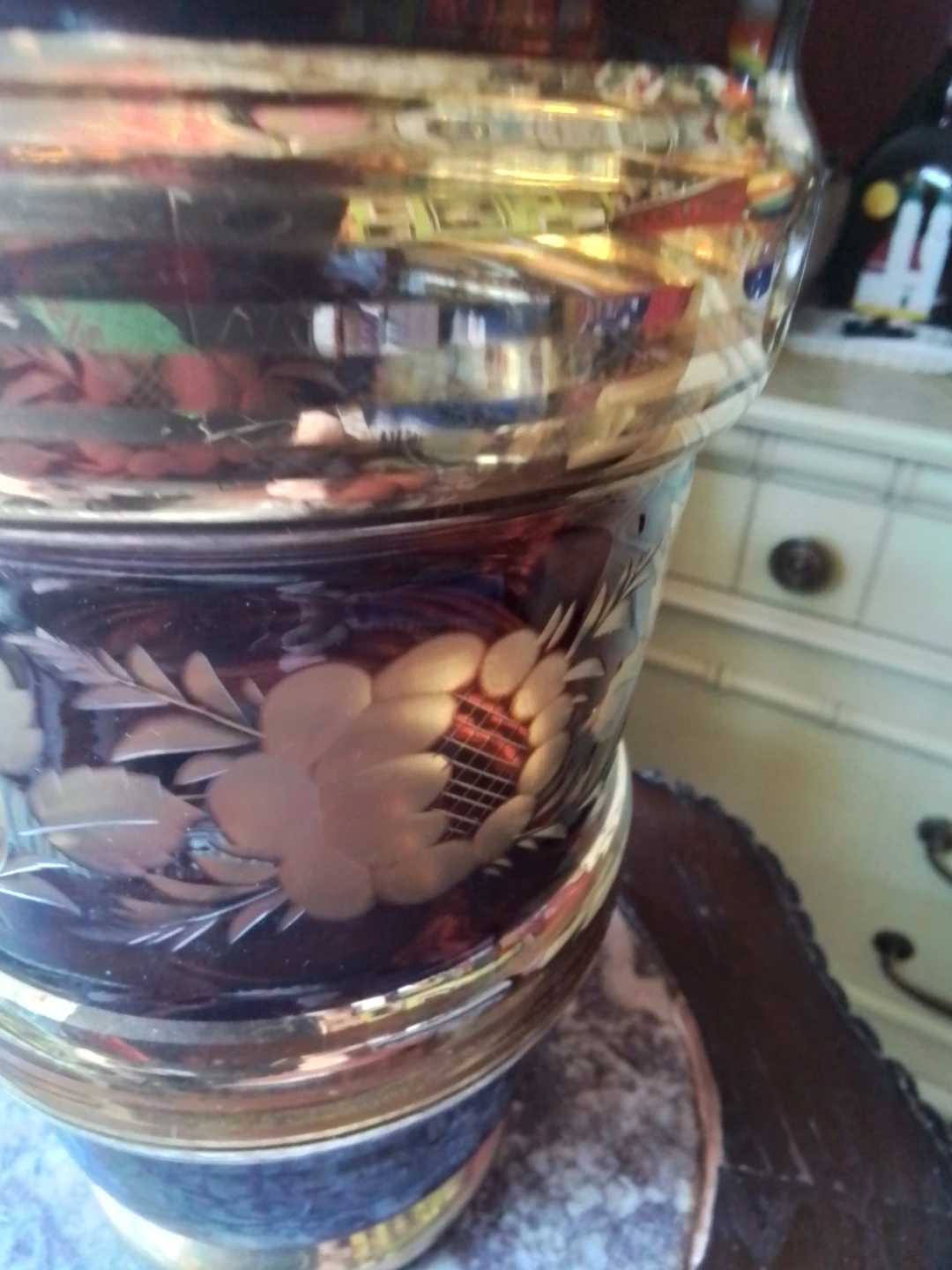 Vintage Amber Glass Vase with Gold Trim and Etching 9x5" - photo 4