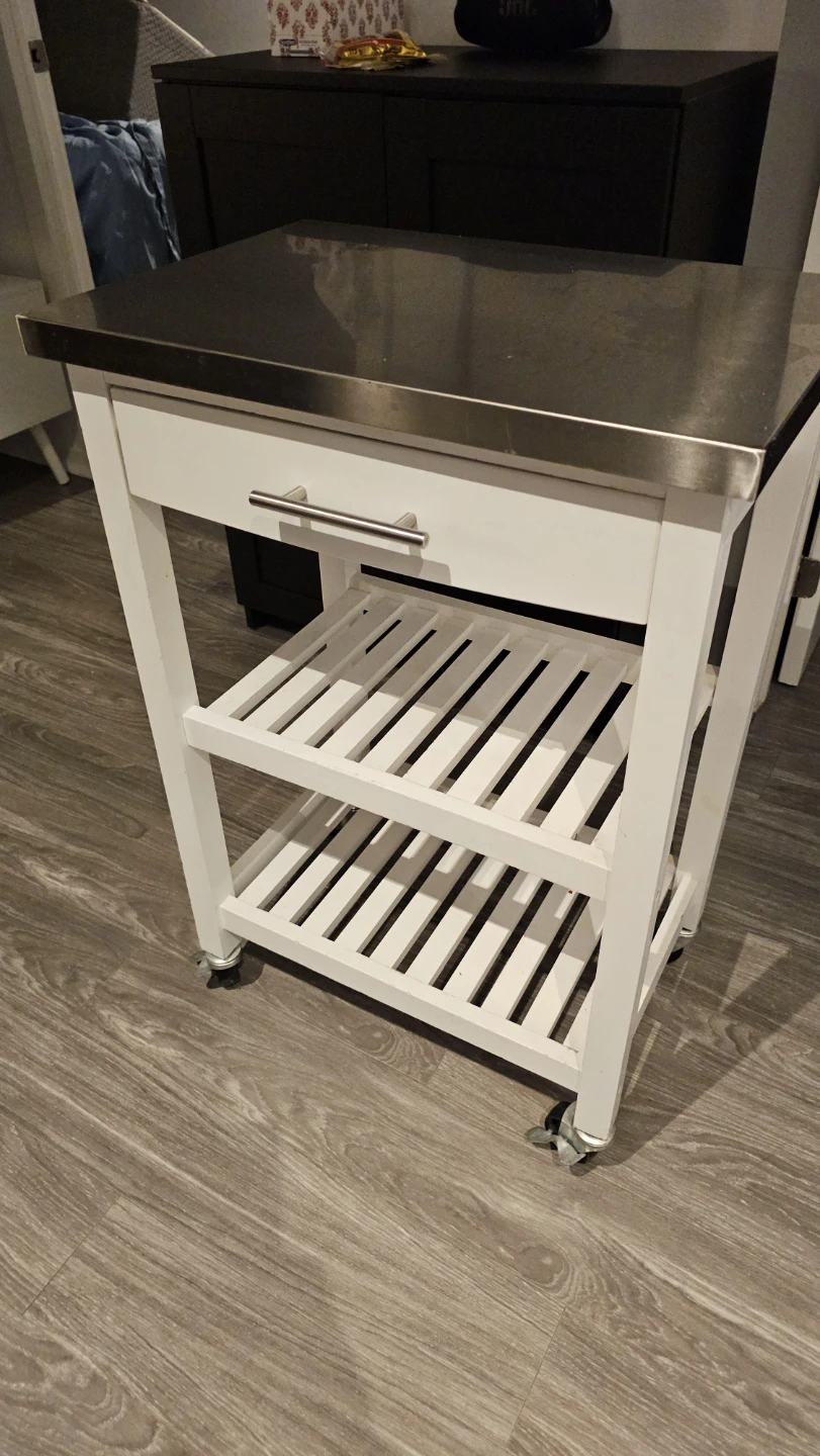 White Kitchen Cart with Stainless Steel Top