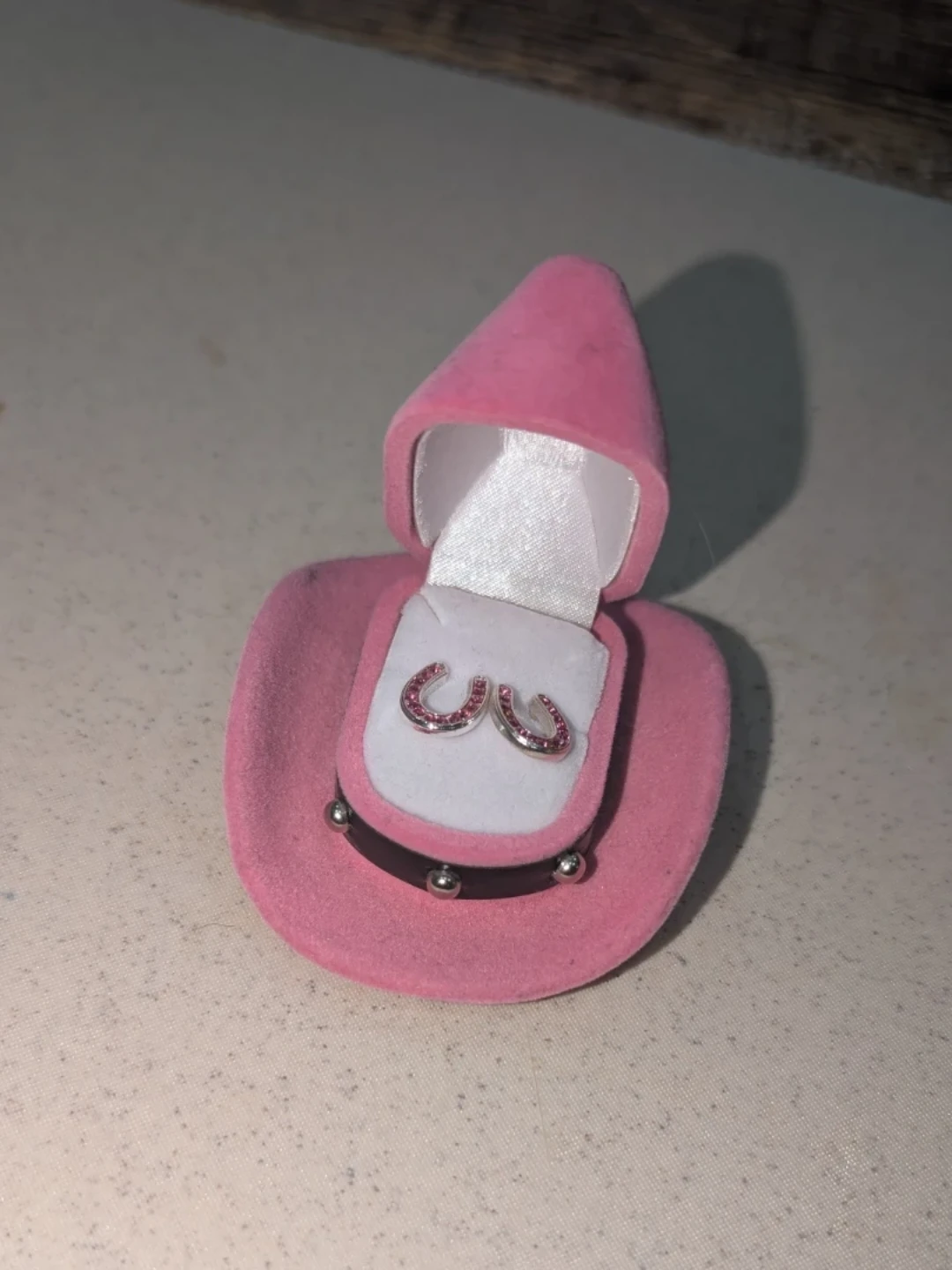 Pink Cowboy Hat Jewelry Box with Earrings