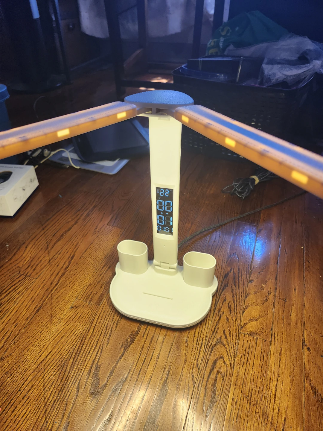 White LED Desk Lamp with Clock and Pen Holders - photo 3