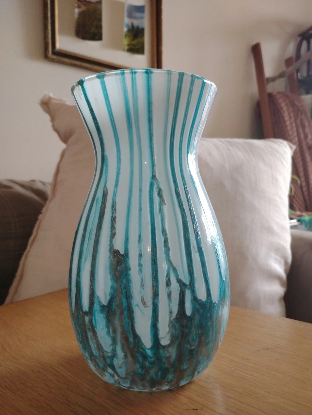 Decorative Glass Vase - Teal and White Swirls