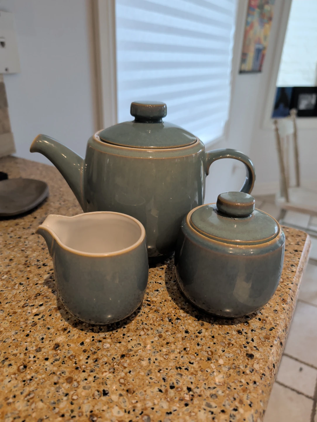Denby Azure Coast Teapot, Sugar Bowl, and Creamer Set