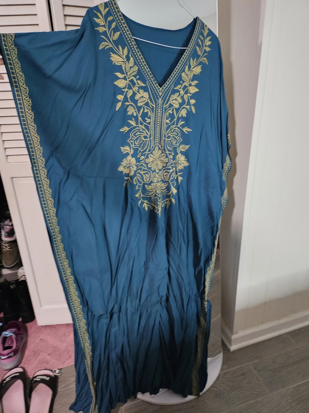Embroidered Kaftan Dress Teal Green Gold Women's One Size - photo 3